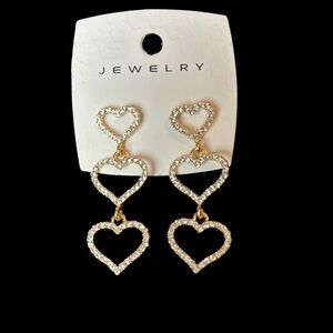 Heart Trio Rhinestone Goldtone Pierced Post Drop Earrings